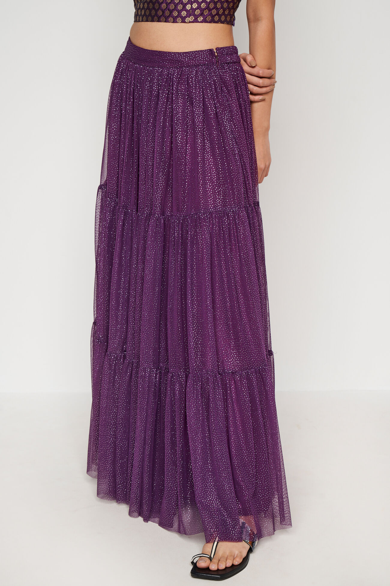 Purple Foil Print Flared Skirt, Purple, image 3